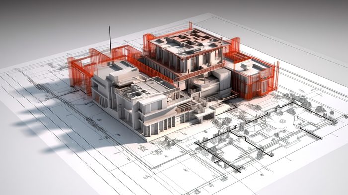مجسّم معماري ثلاثي الأبعاد معروض فوق مخططات المشروع