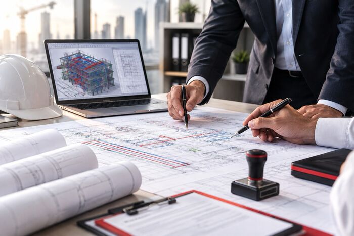 مهندسان يراجعان مخططات المشروع على طاولة العمل، مع نموذج ثلاثي الأبعاد على الحاسوب وختم الاعتماد