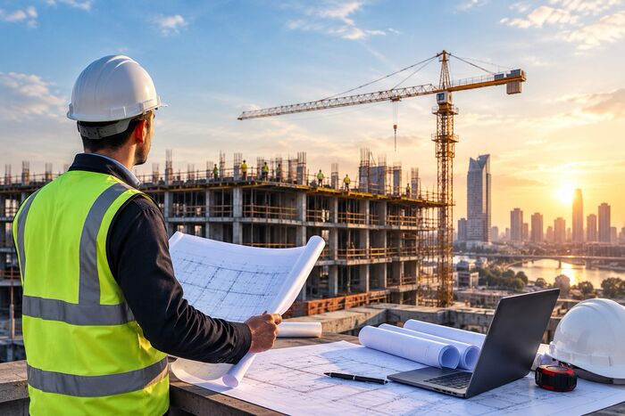 مهندس مشرف يراجع المخططات في موقع المشروع، مع رافعة برجية وأعمال التنفيذ في الخلفية