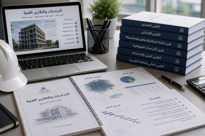 مجموعة تقارير هندسية مطبوعة تشمل التقرير المعماري والإنشائي وتقرير أنظمة MEP والدراسات الجيوتقنية والتقرير البيئي والمالي
