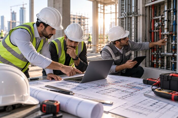 فريق هندسي يعالج مشكلة فنية في الموقع بالرجوع إلى المخططات وفحص شبكة الأنابيب المنفّذة